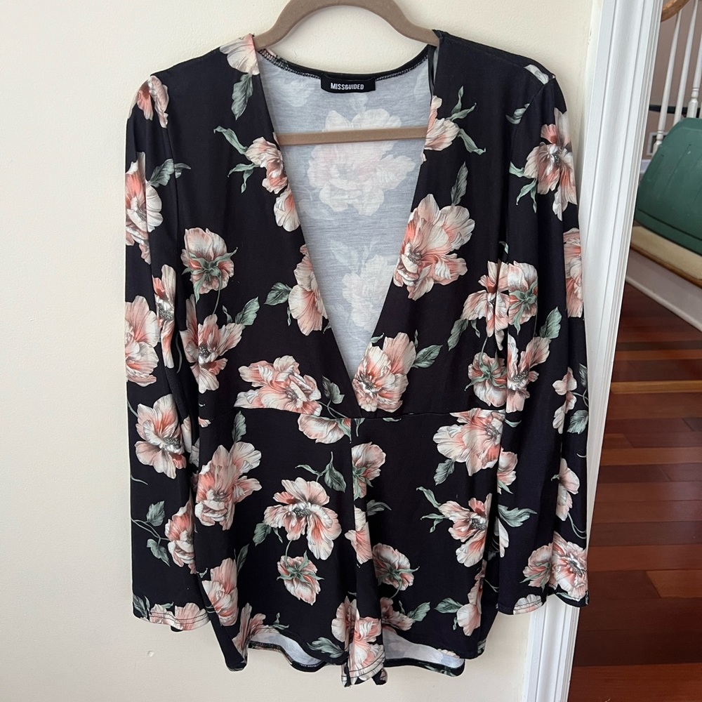 Women’s Missguided Black Floral Print Long Sleeve Romper with Deep Front V Neck